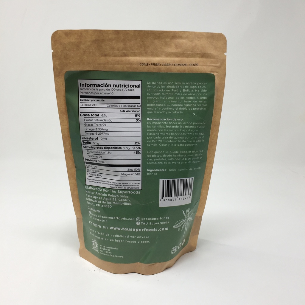 Tau | Quinoa Blanca Perlada Organica | 500 g